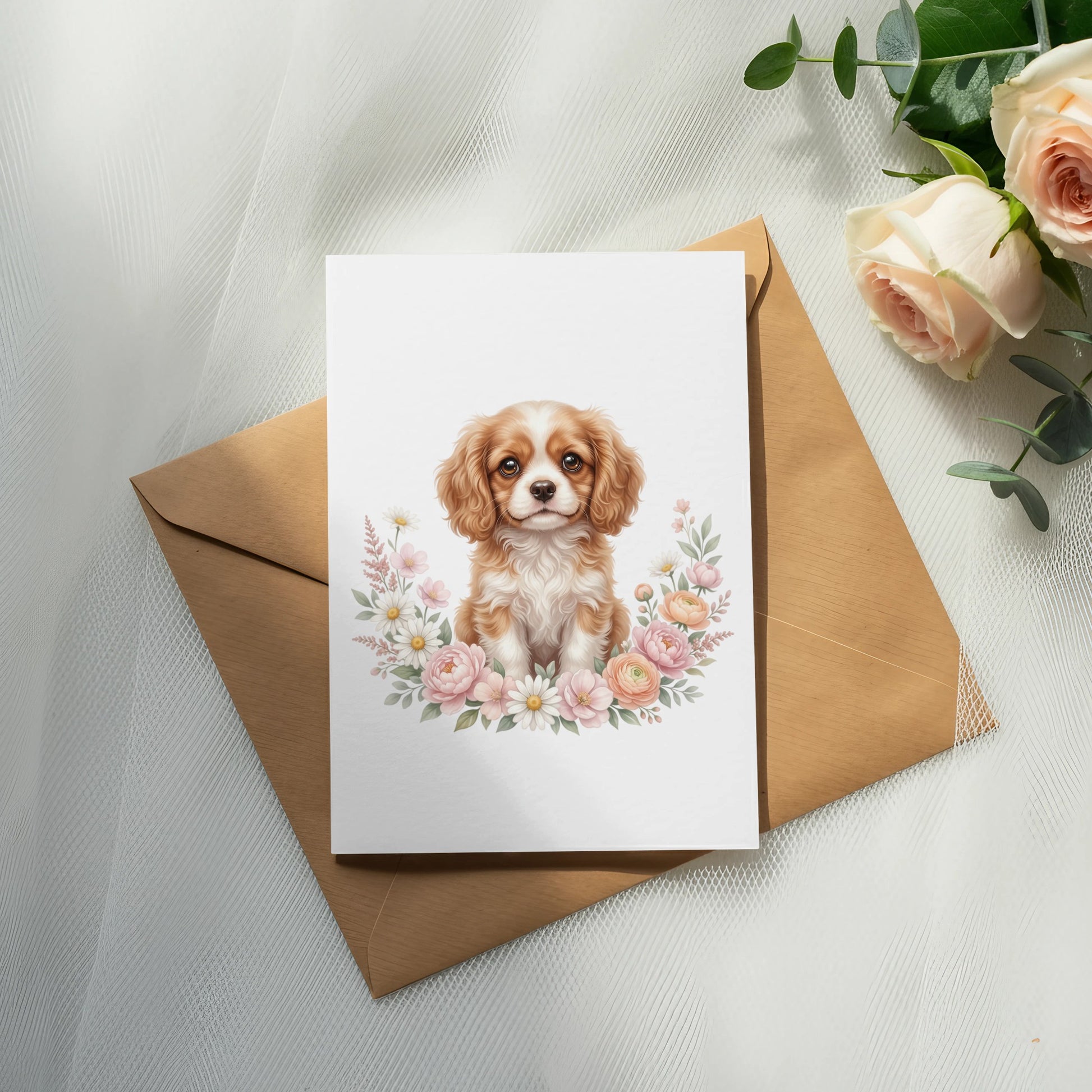 Card with Cavalier King Charles puppy surrounded by pink flowers on brown envelope.