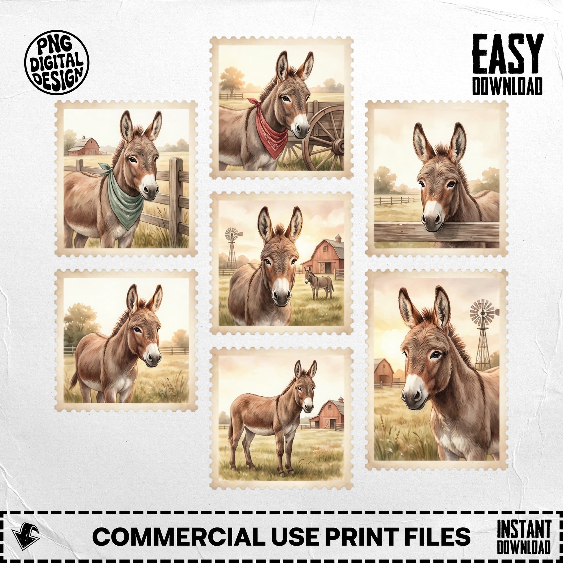 Donkeys in vintage stamp illustrations with barns and windmills.