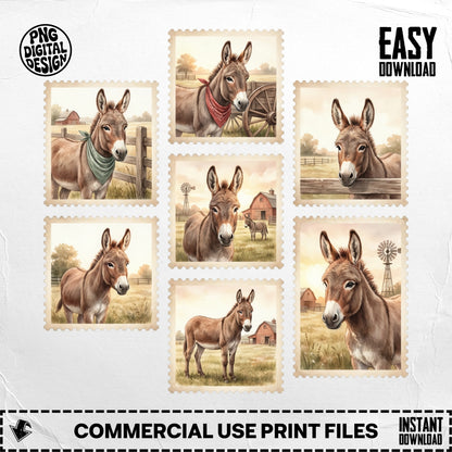 Donkeys in vintage stamp illustrations with barns and windmills.