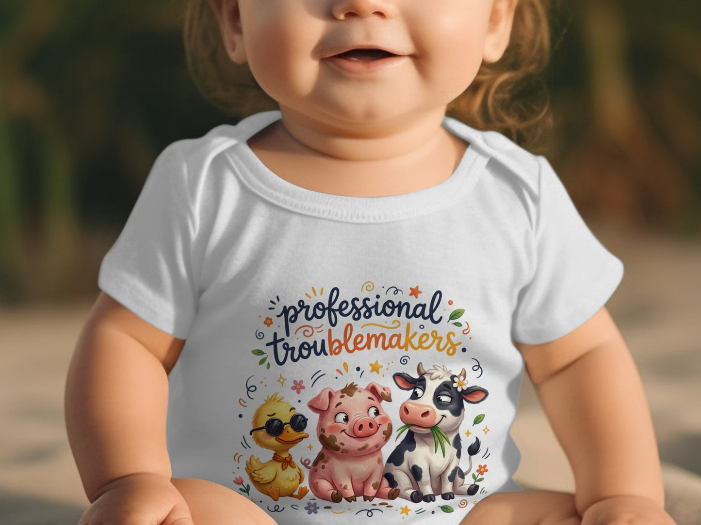 Baby wearing white onesie with cartoon duck, pig, and cow: "professional troublemakers".