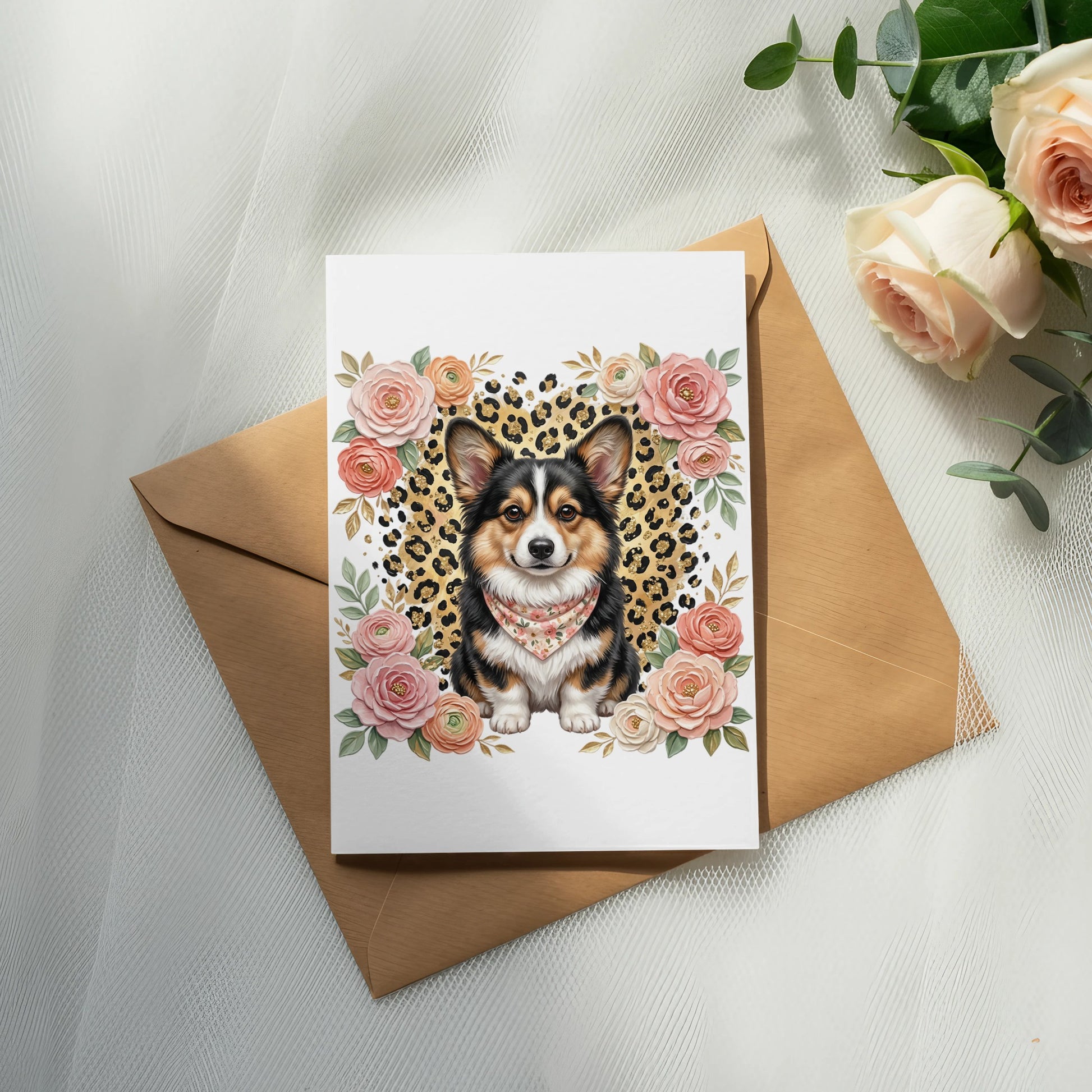 Corgi wearing bandana surrounded by floral heart on greeting card.