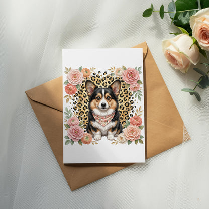 Corgi wearing bandana surrounded by floral heart on greeting card.