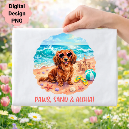 Dachshund wearing sunglasses on beach with sandcastle, beach ball, and starfish.