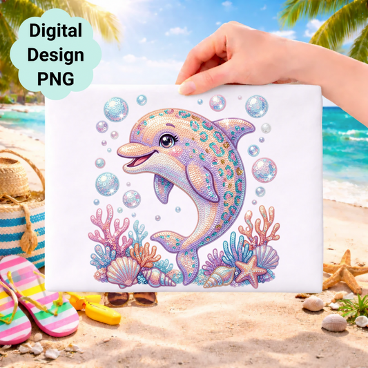 Sparkling dolphin with colorful bubbles and seashells on a beach background.