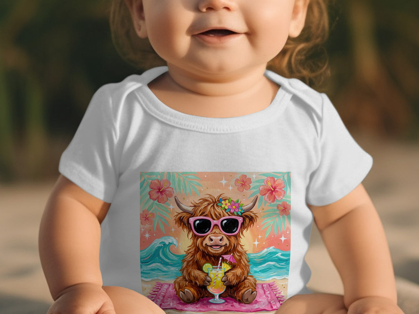 Baby wearing a white onesie with a cartoon highland cow on a beach holding a drink.