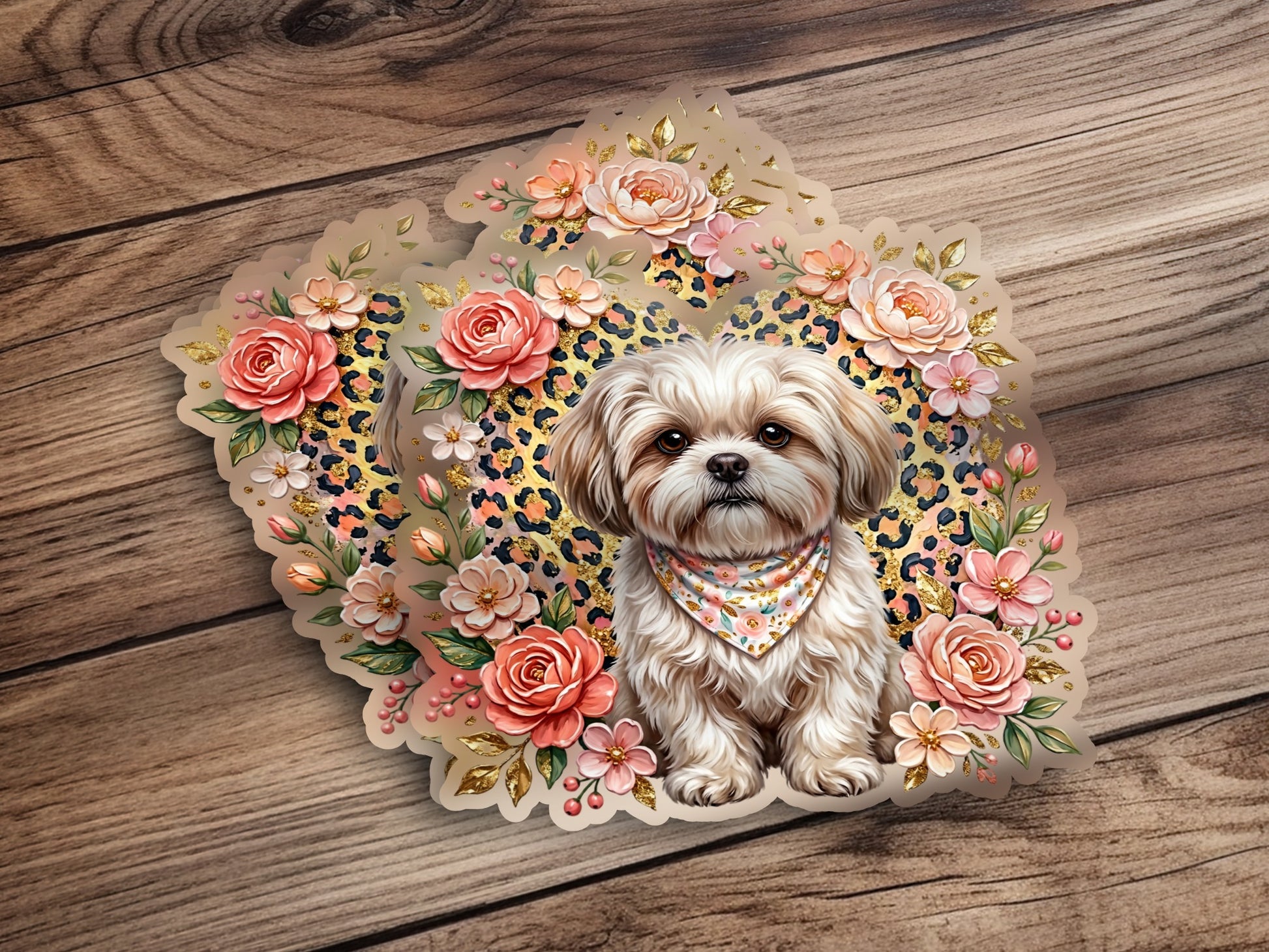 Shih Tzu dog with floral border and bandana.