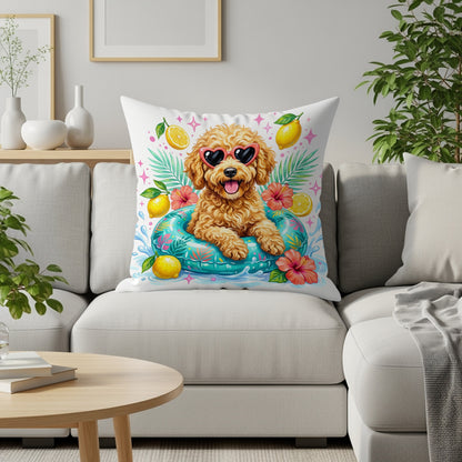 Dog wearing heart sunglasses in a pool float with hibiscus and lemons.