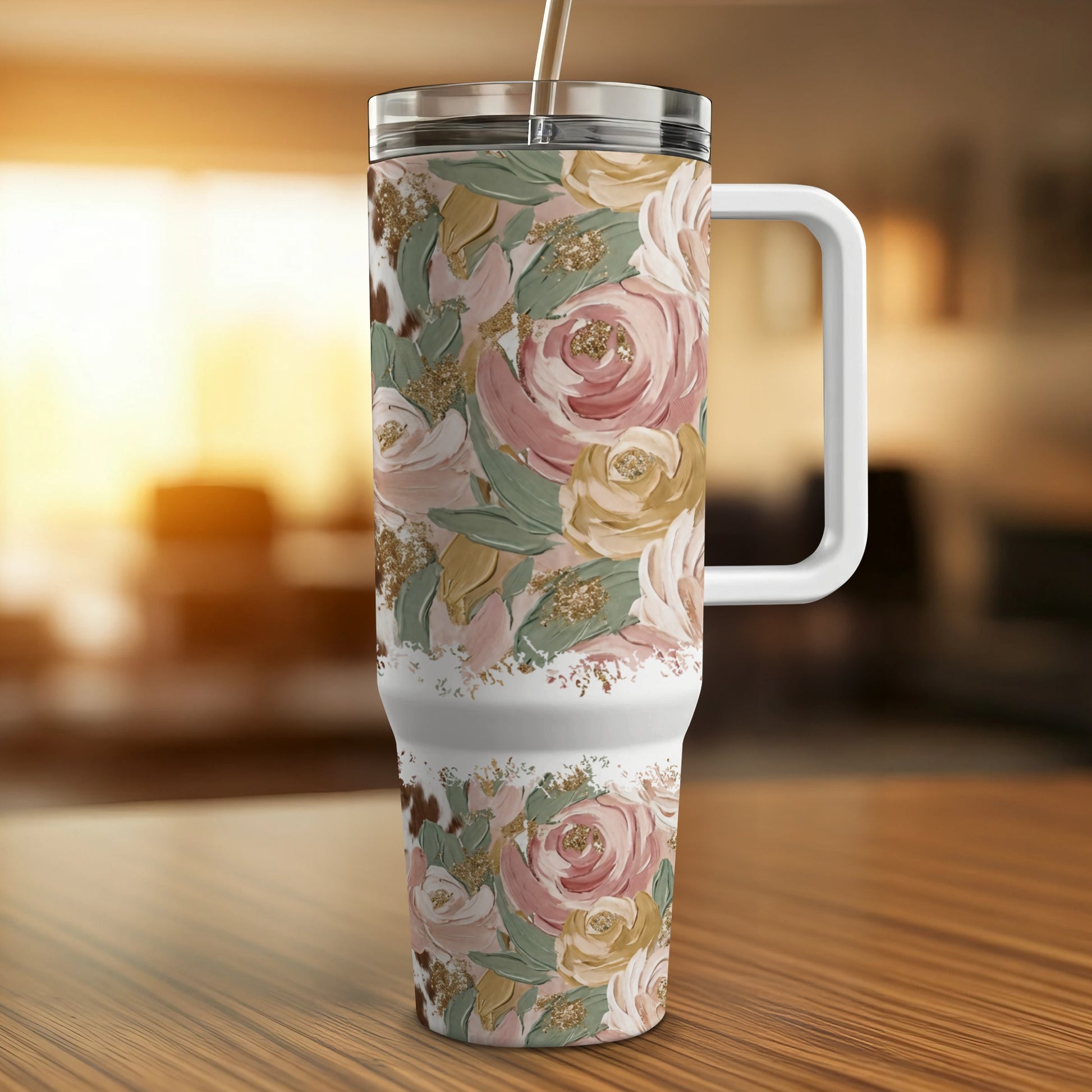 Floral tumbler with handle and straw on a wooden surface.