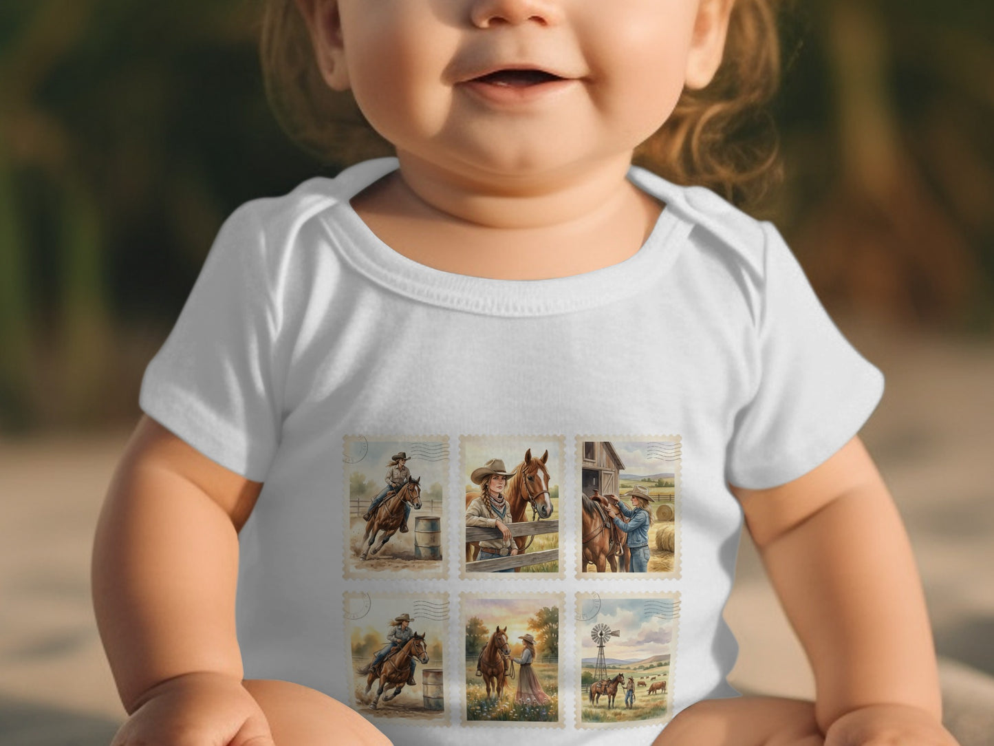 Baby in white bodysuit featuring six cowboy and horse postage stamp graphics.