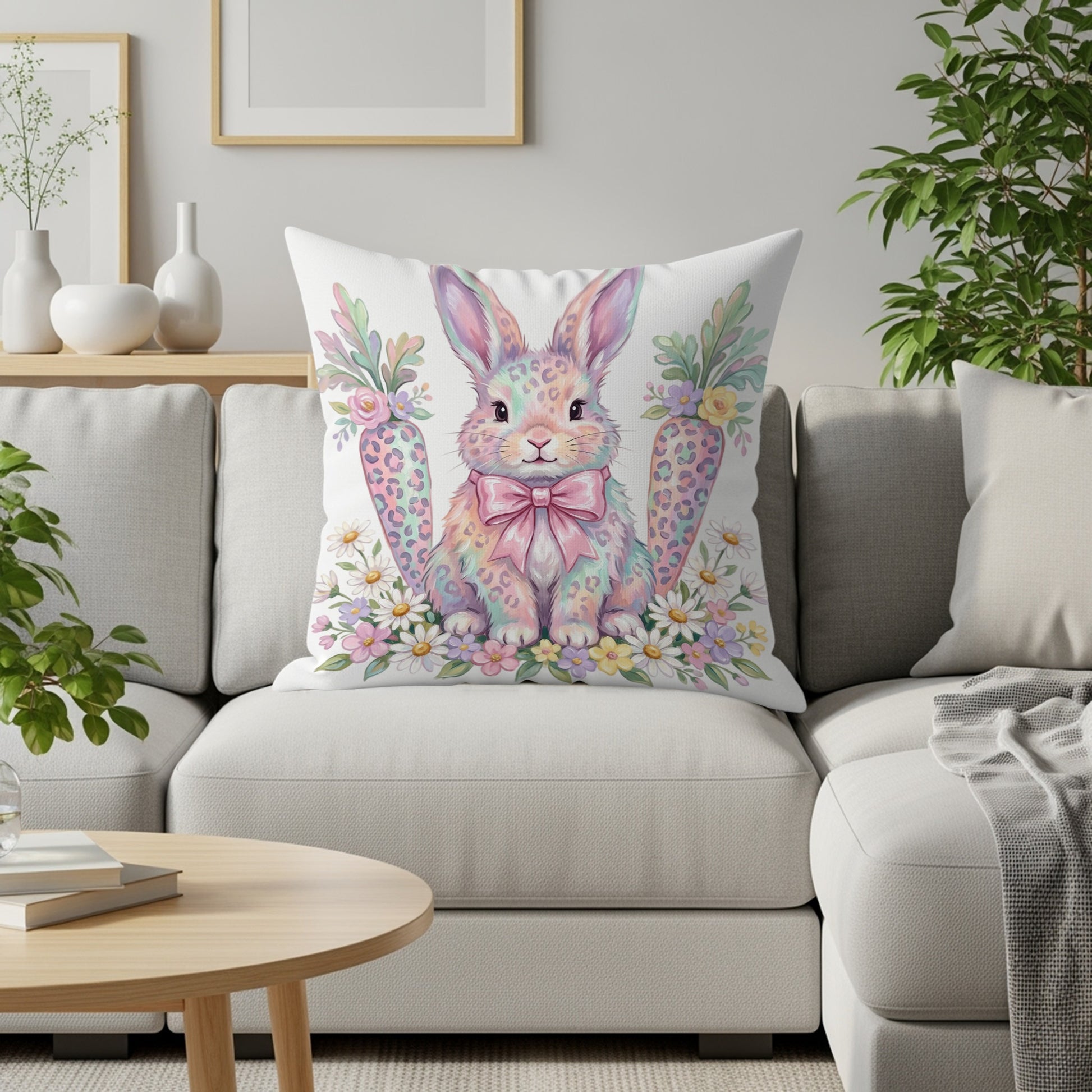 Bunny with carrots and flowers on a couch pillow.