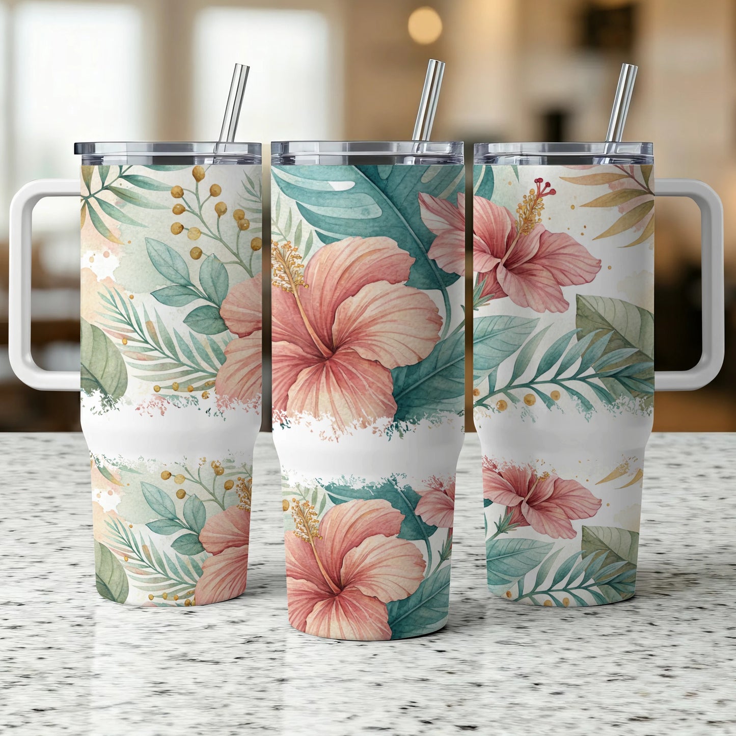 Three tumblers with hibiscus flower and leafy watercolor design.