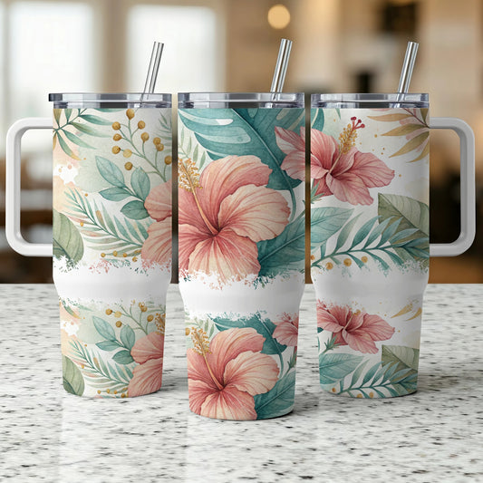 Three tumblers with hibiscus flower and leafy watercolor design.