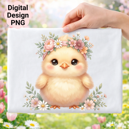 Cute fluffy chick wearing a floral headband, spring flowers background.