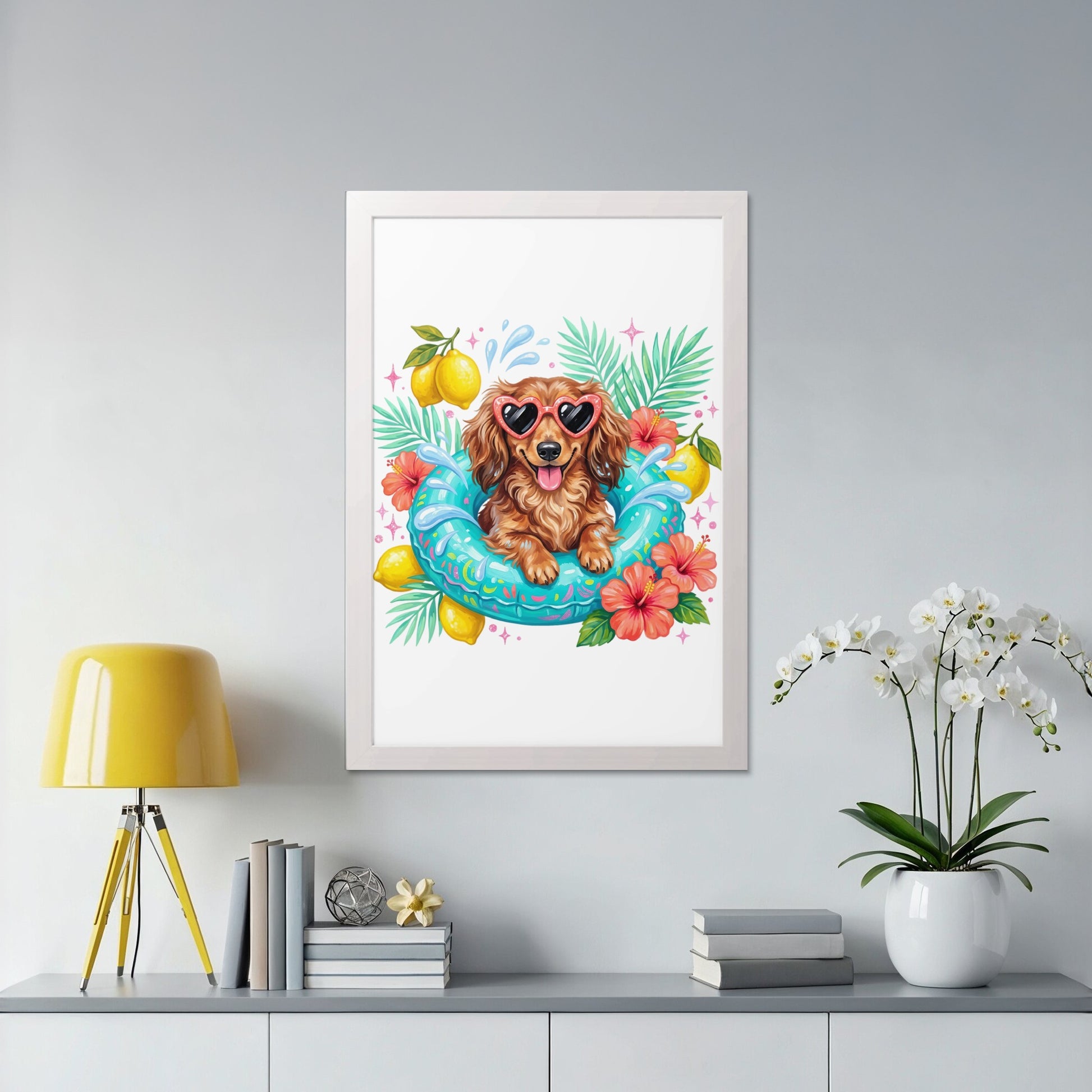 Dachshund in pool float wearing heart sunglasses with tropical flowers and lemons.