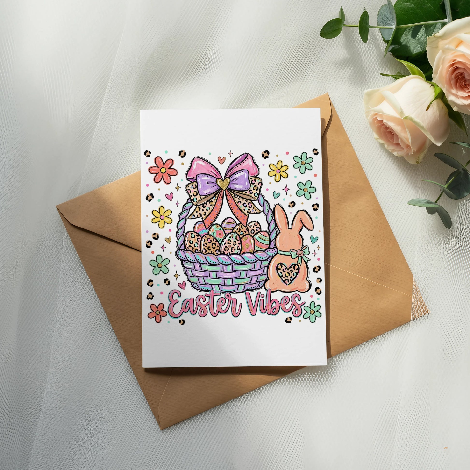 Easter card with bunny, basket of eggs, and text "Easter Vibes" on envelope.