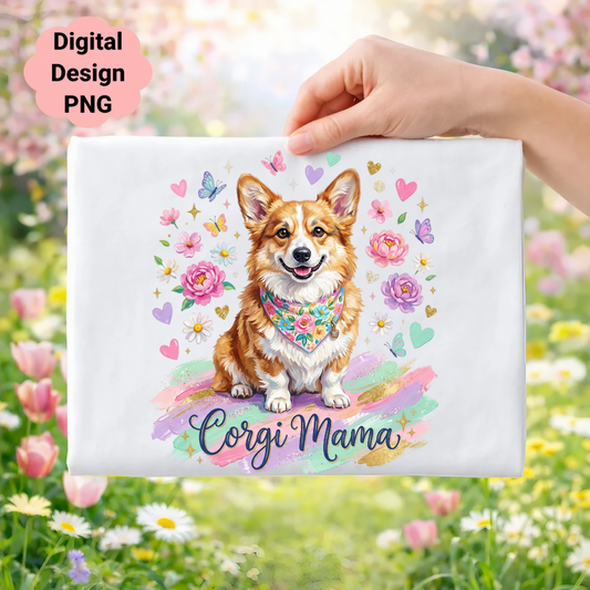 Corgi Mama with flowers and butterflies, digital design PNG