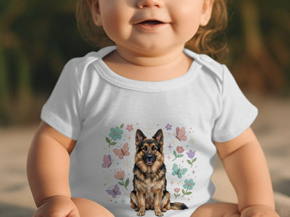 Baby wearing a white onesie with a German Shepherd and floral graphic.