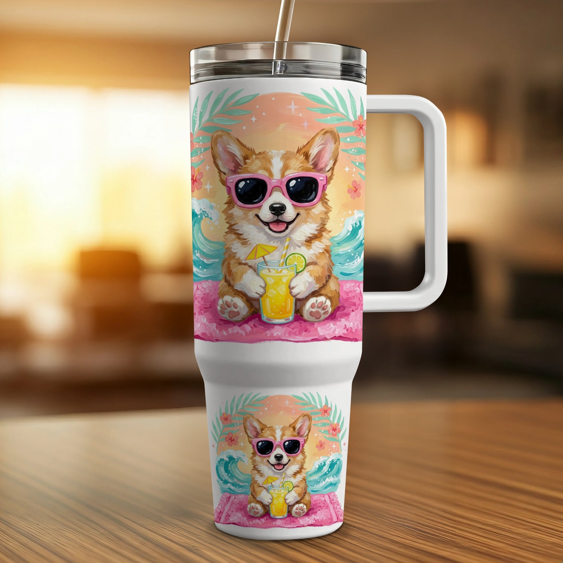 Corgi wearing sunglasses holding a drink on a tropical beach.