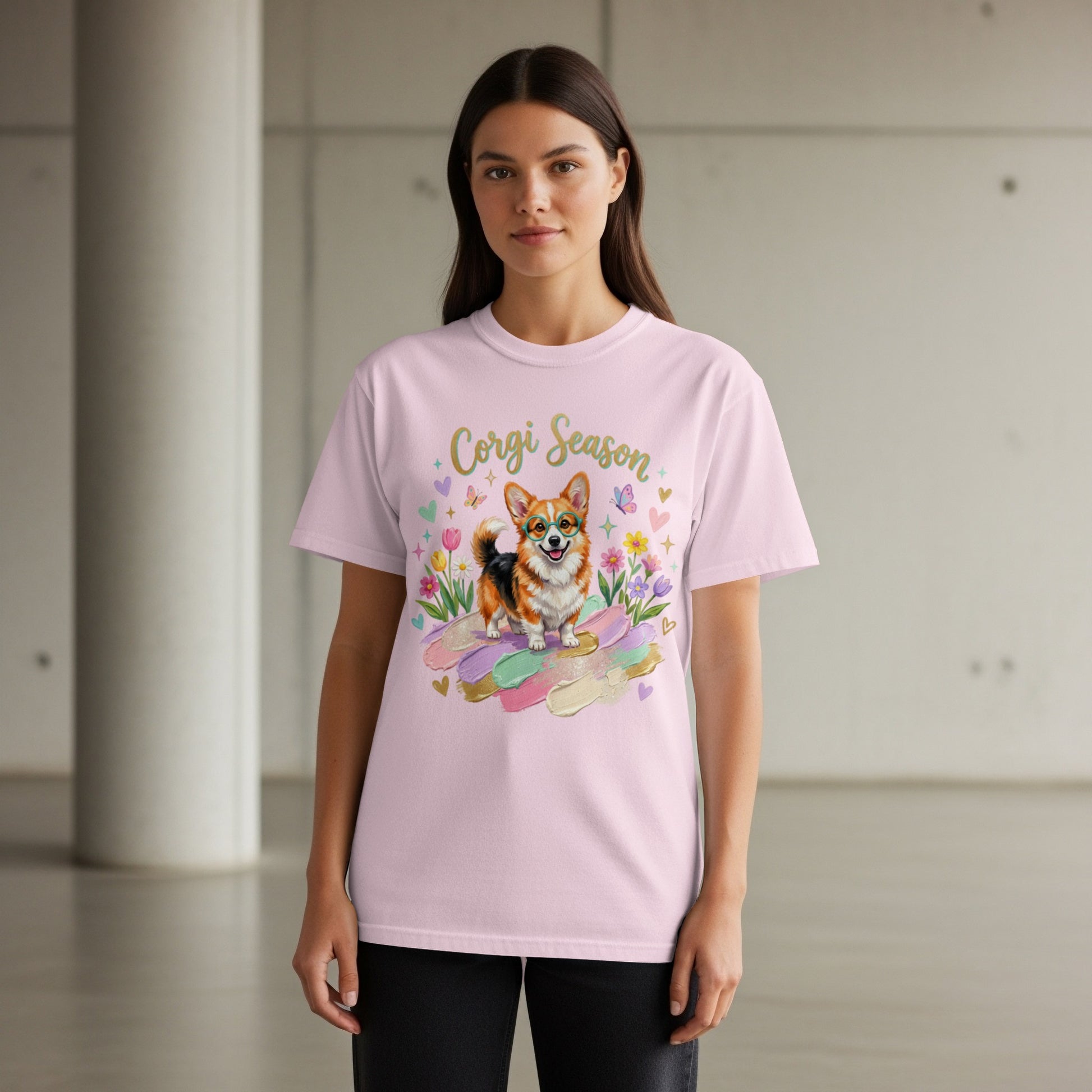 Pink t-shirt with a watercolor corgi illustration and "Corgi Season" text.