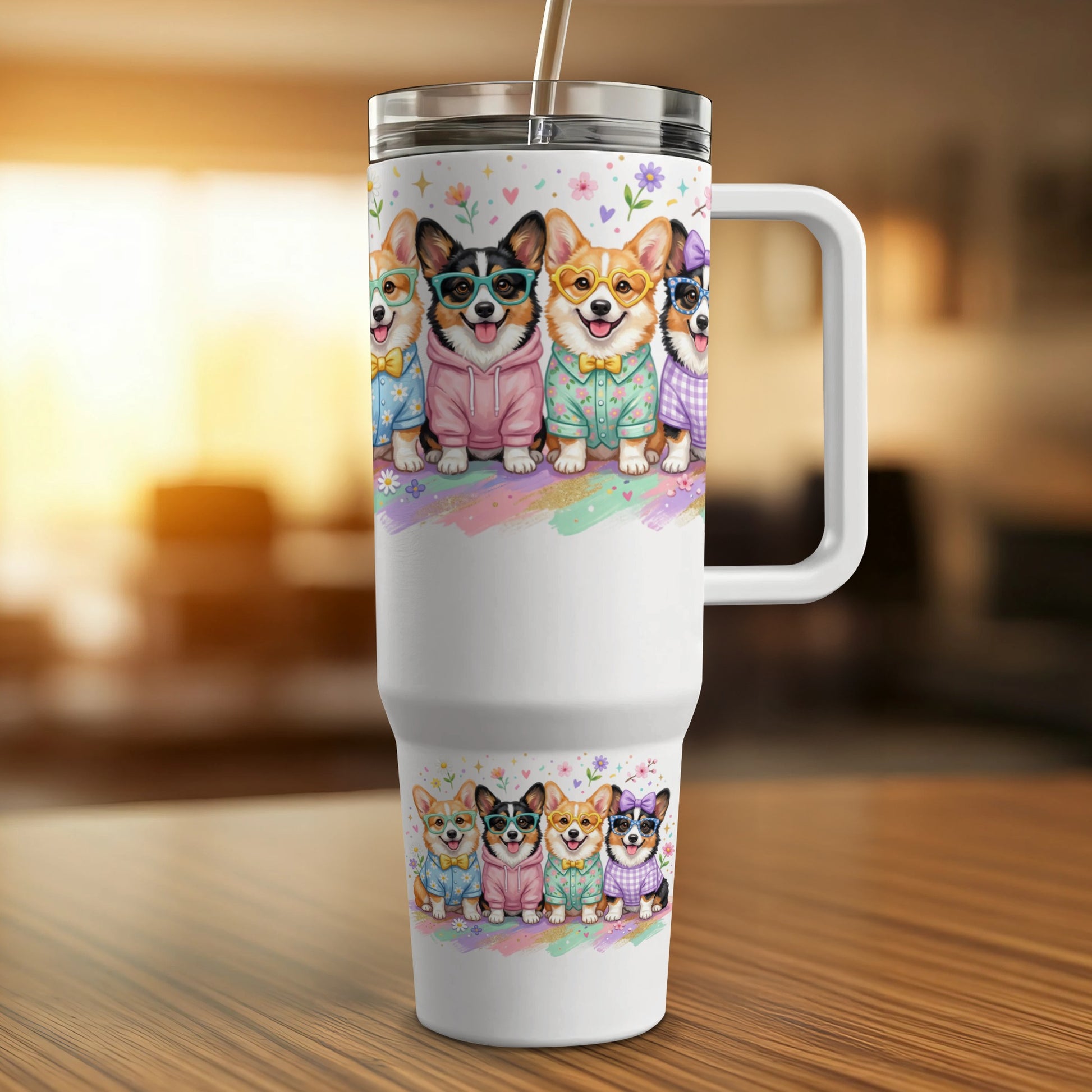 White tumbler with corgis in sunglasses and pastel outfits, standing and sitting.