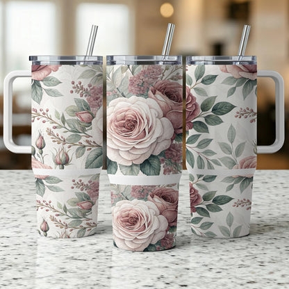 Three tumblers with floral rose and leaf pattern, with metal straws.