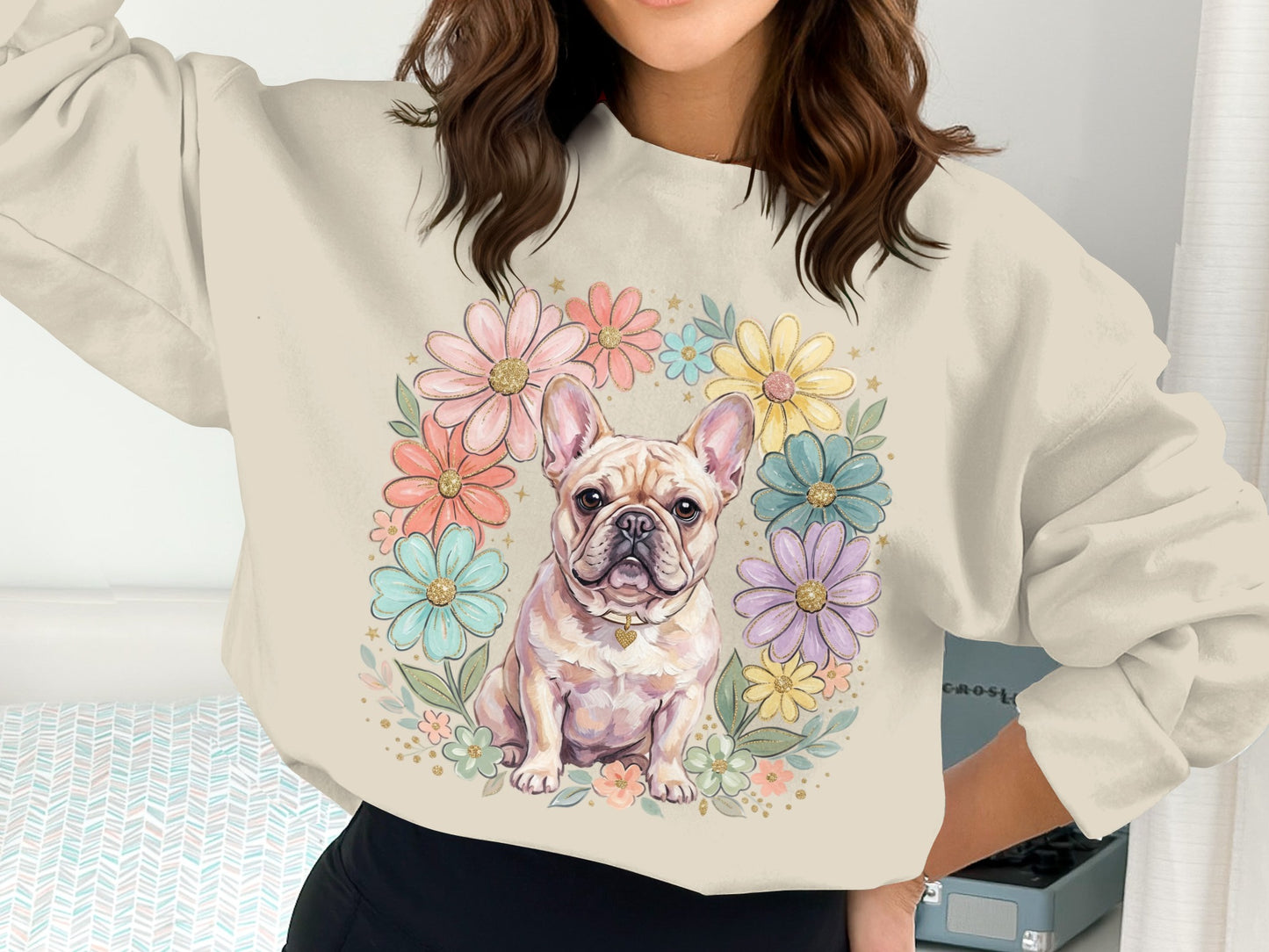 French bulldog surrounded by a colorful floral wreath.