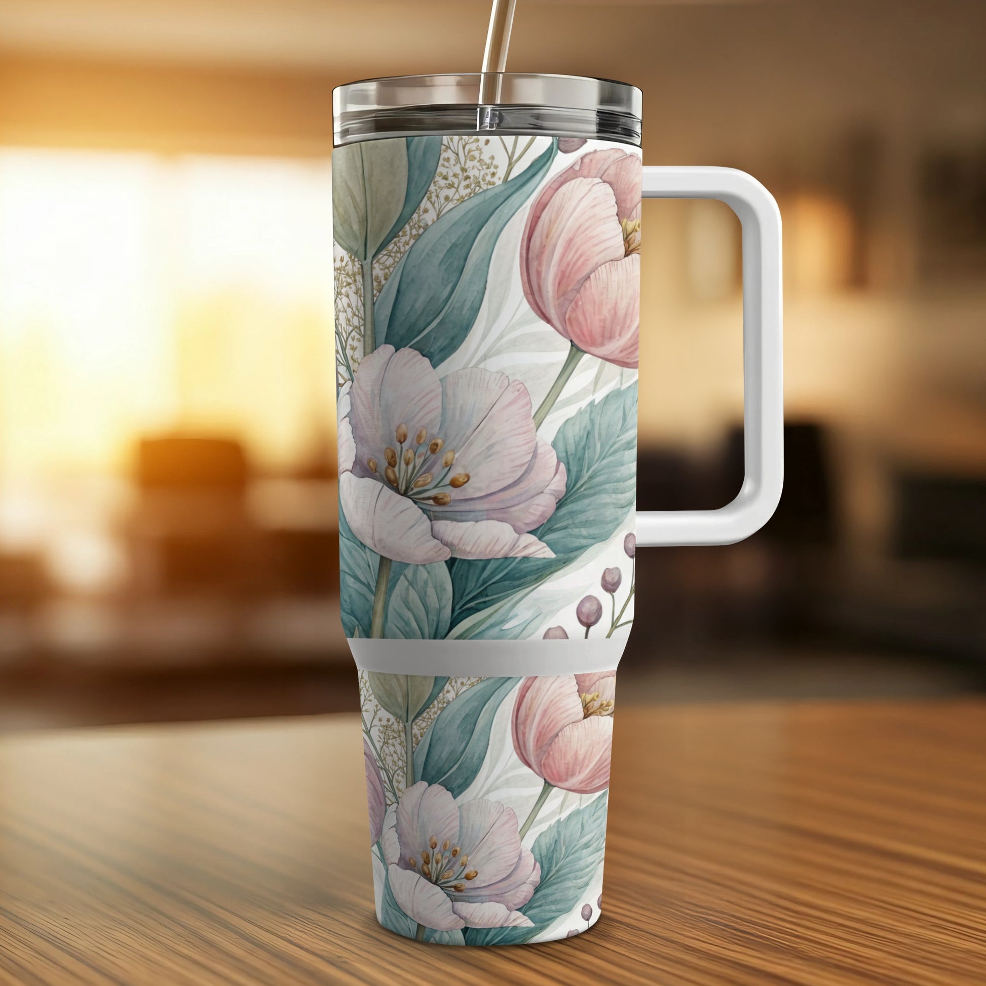 Large insulated tumbler with delicate pink flowers and green leaves design.