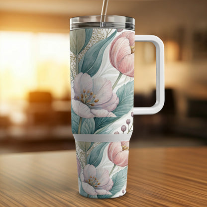 Large insulated tumbler with delicate pink flowers and green leaves design.