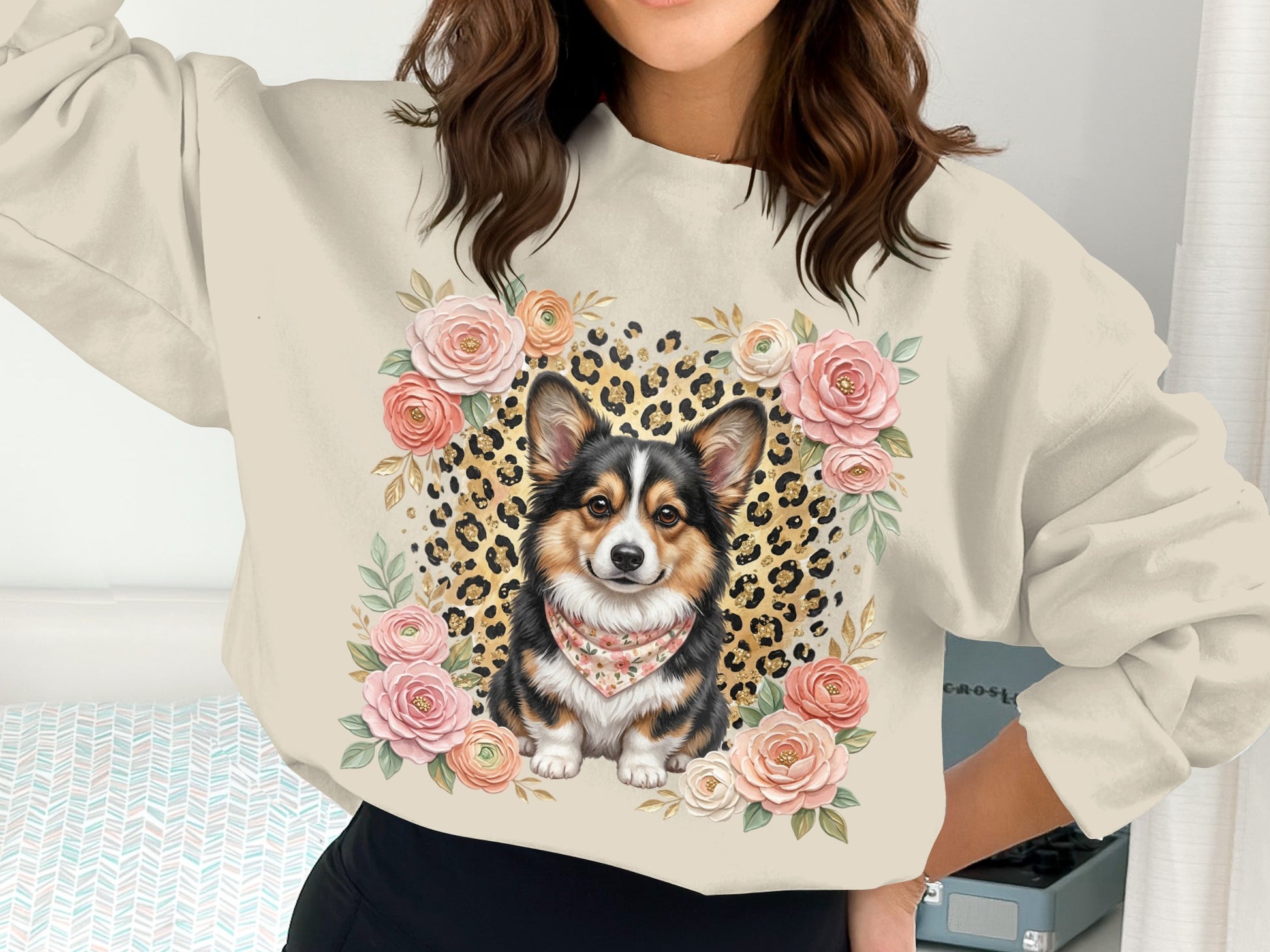 Corgi wearing a bandana surrounded by flowers and a leopard print pattern.
