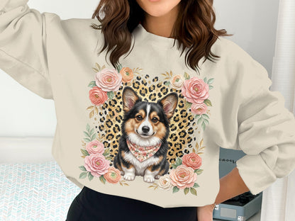 Corgi wearing a bandana surrounded by flowers and a leopard print pattern.