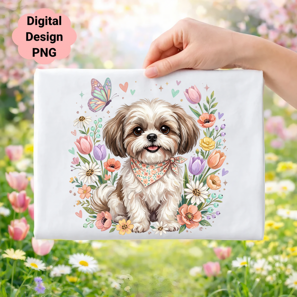 Shiba Inu dog with flowers and butterfly, digital design PNG.