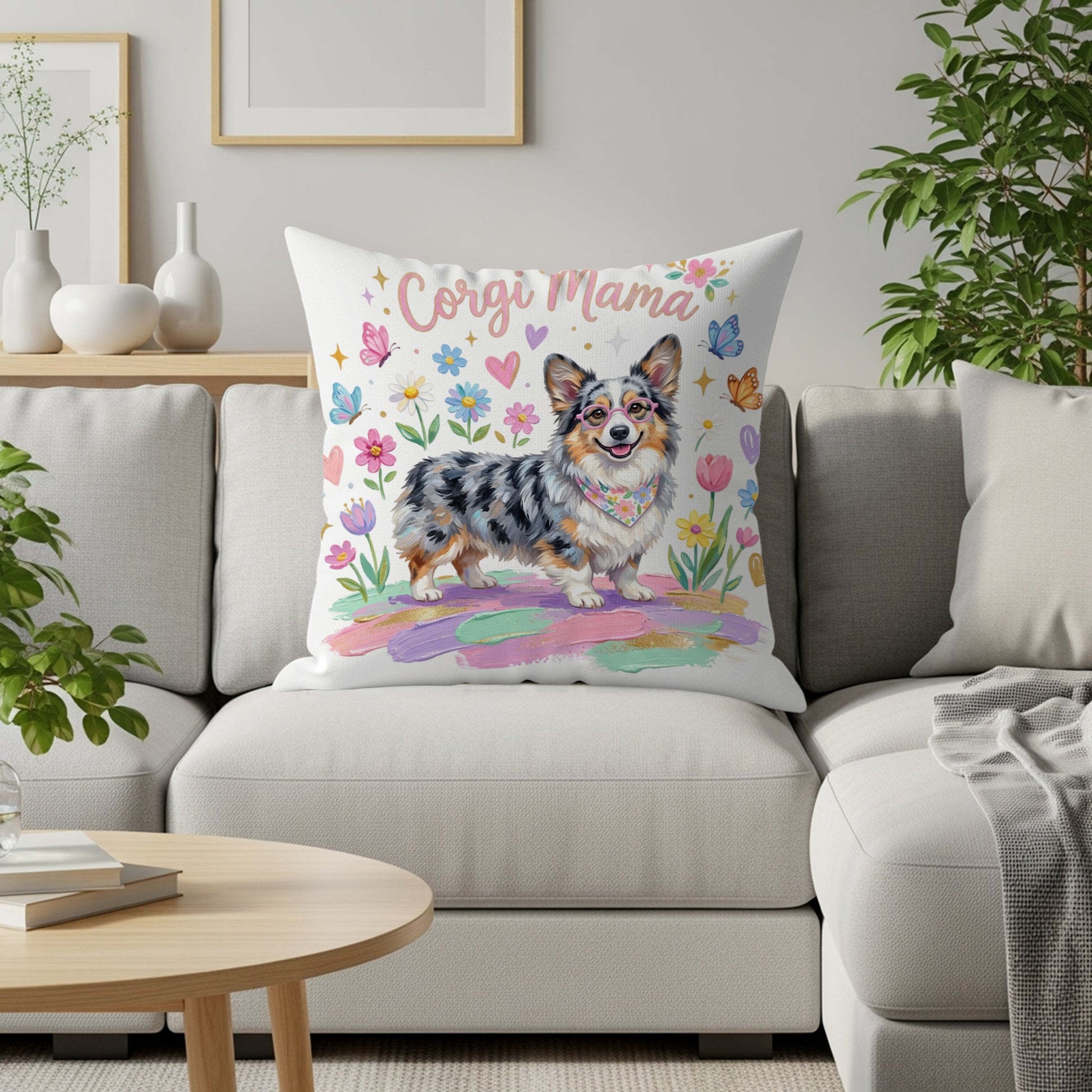 Corgi Mama pillow with a colorful cartoon dog, flowers, and butterflies.