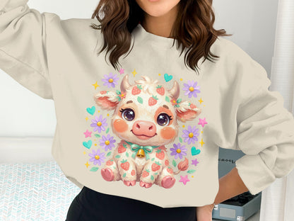 Kawaii strawberry cow with flowers and bell, wearing a sweater.