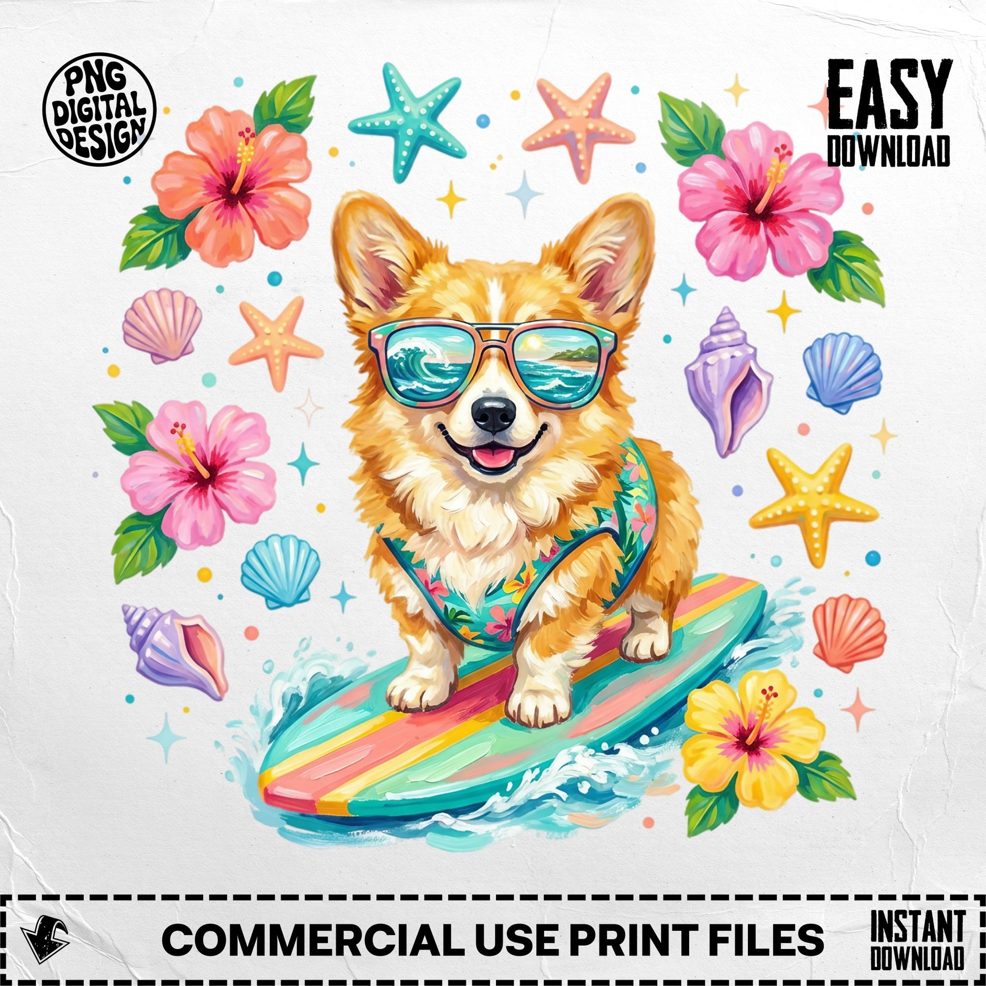 Corgi wearing sunglasses on a surfboard, surrounded by hibiscus flowers and seashells.