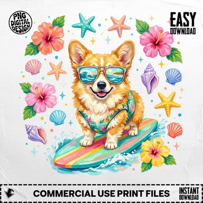 Corgi wearing sunglasses on a surfboard, surrounded by hibiscus flowers and seashells.