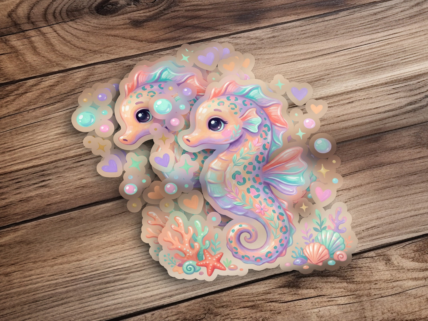 Two cartoon seahorses with coral and bubbles on a wooden background.