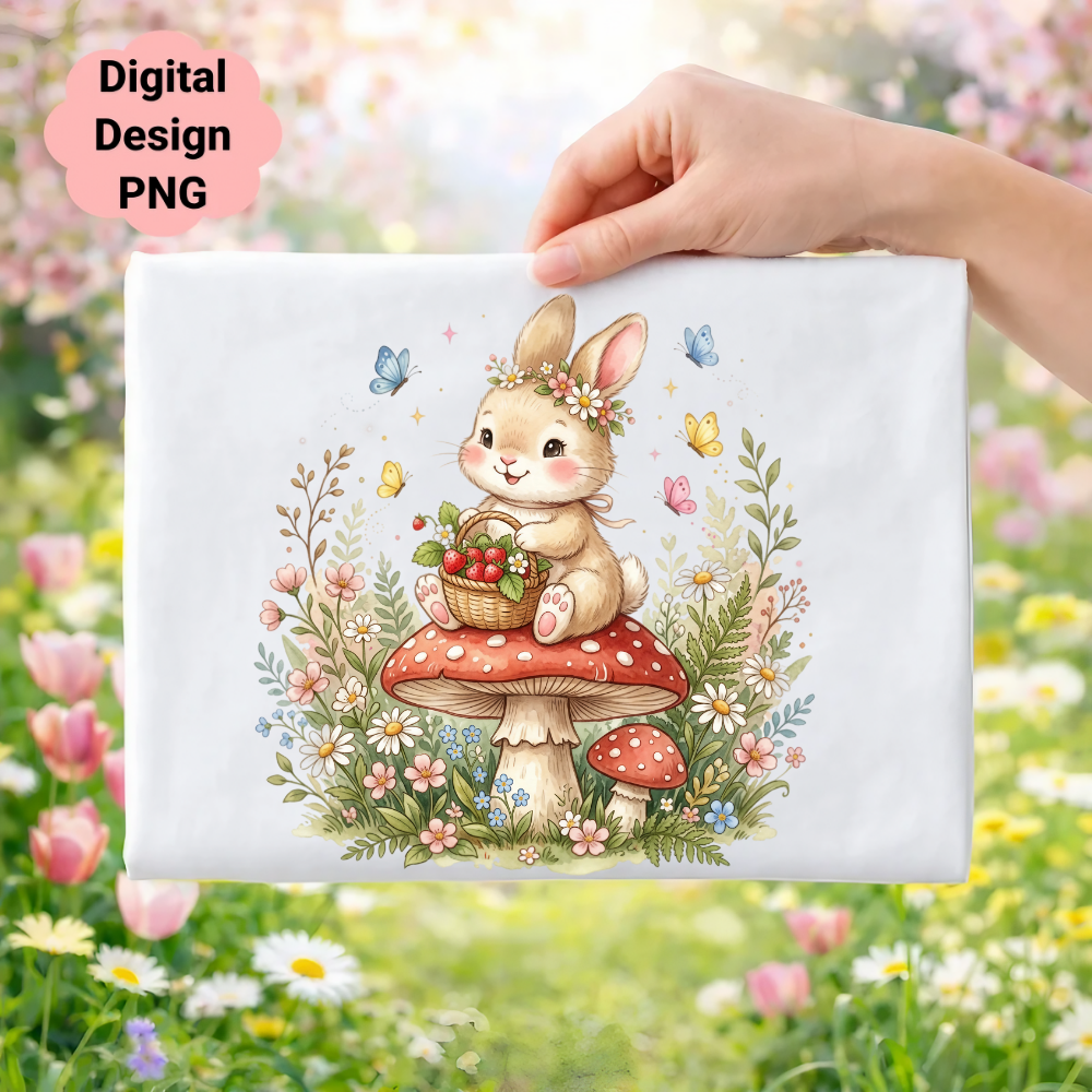 Bunny on mushroom with strawberries, surrounded by flowers and butterflies.