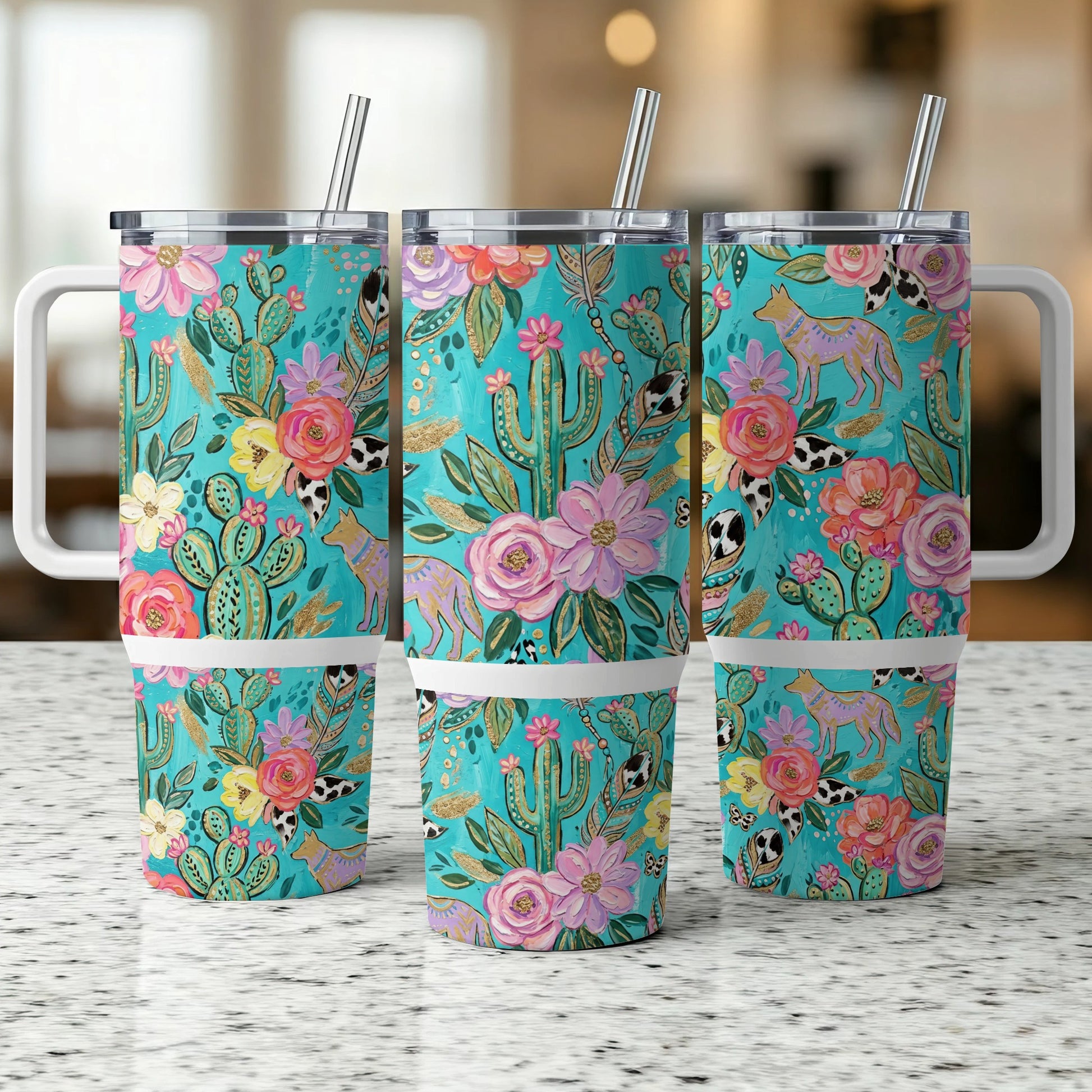 Turquoise tumbler with cacti, flowers, and foxes pattern, three tumblers in a row.