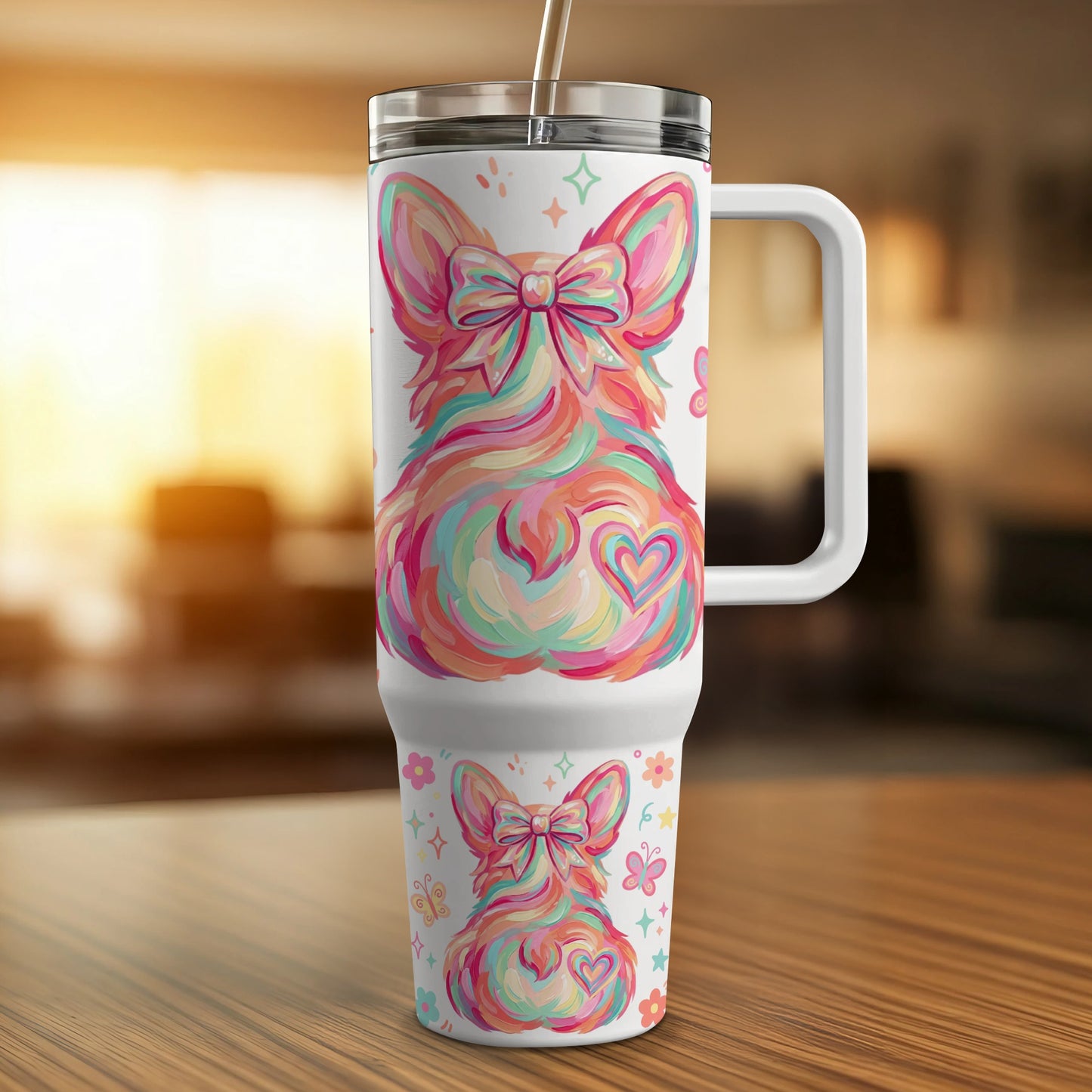 Colorful corgi design on a large white travel tumbler with a handle and straw.