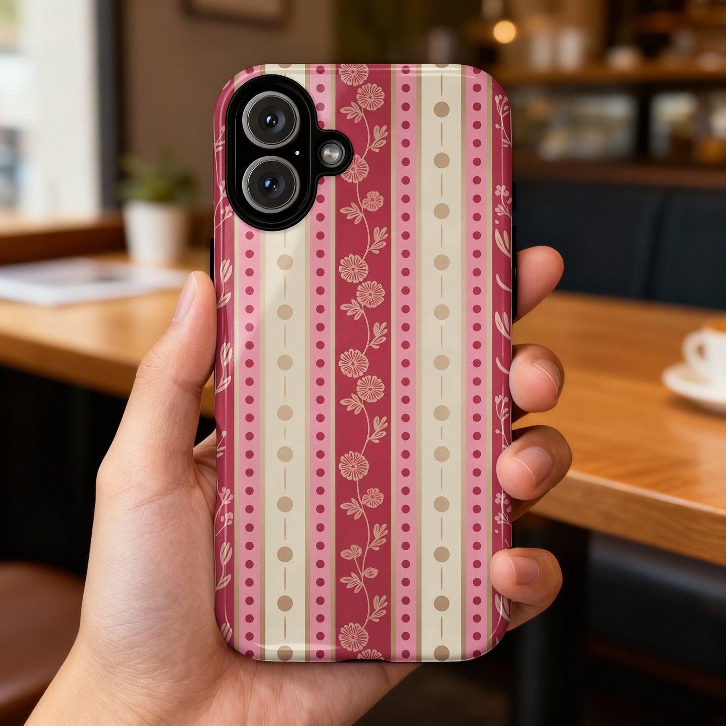Hand holding pink and beige floral striped phone case.