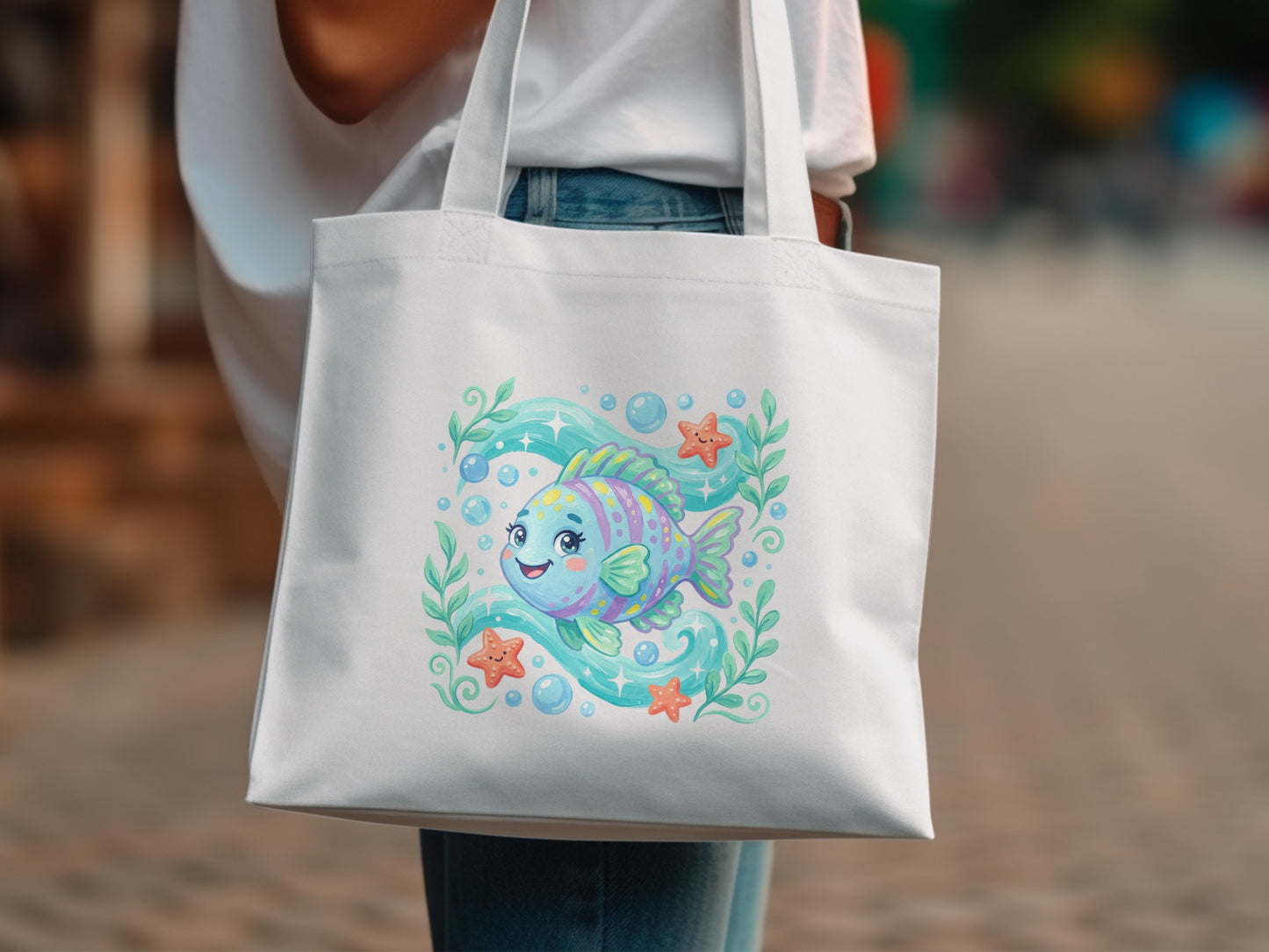 White canvas tote bag with cartoon fish illustration, bubbles, and starfish.