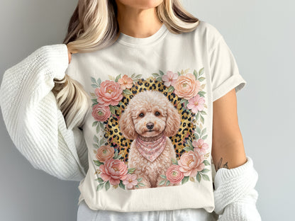 Cream t-shirt with poodle portrait surrounded by pink flowers and leopard print.