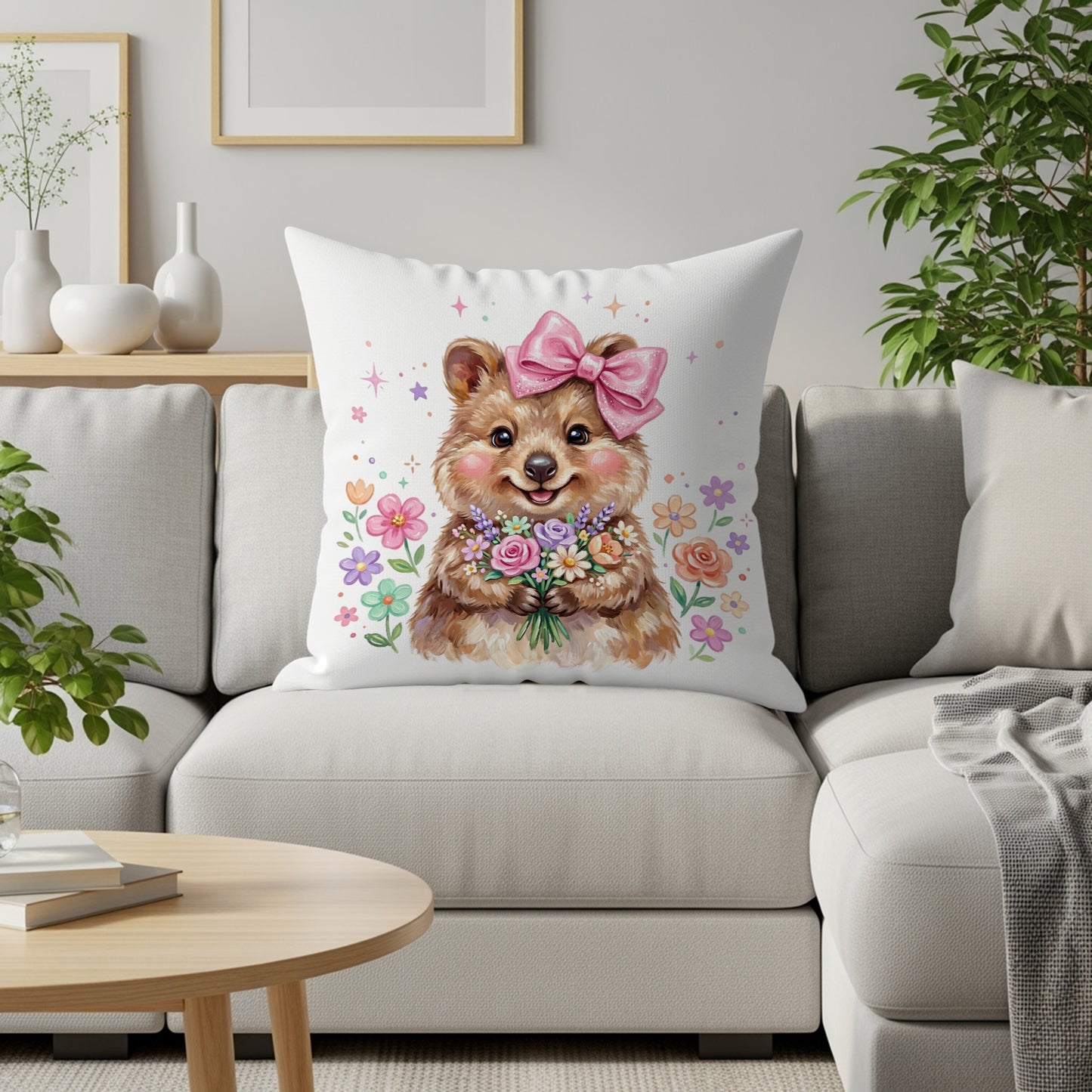 Quokka wearing a pink bow holding a bouquet of flowers.