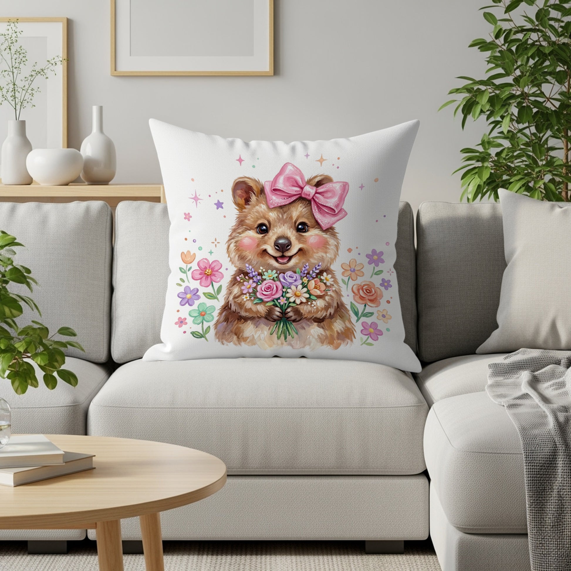 Quokka wearing a pink bow holding a bouquet of flowers.