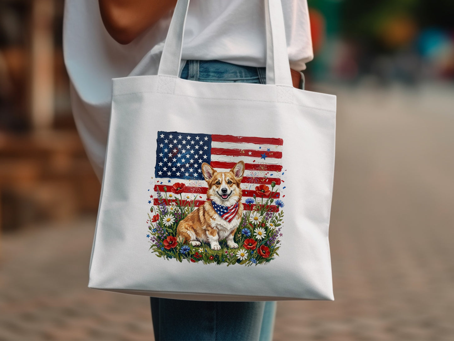 Corgi wearing bandana in field of flowers with American flag background