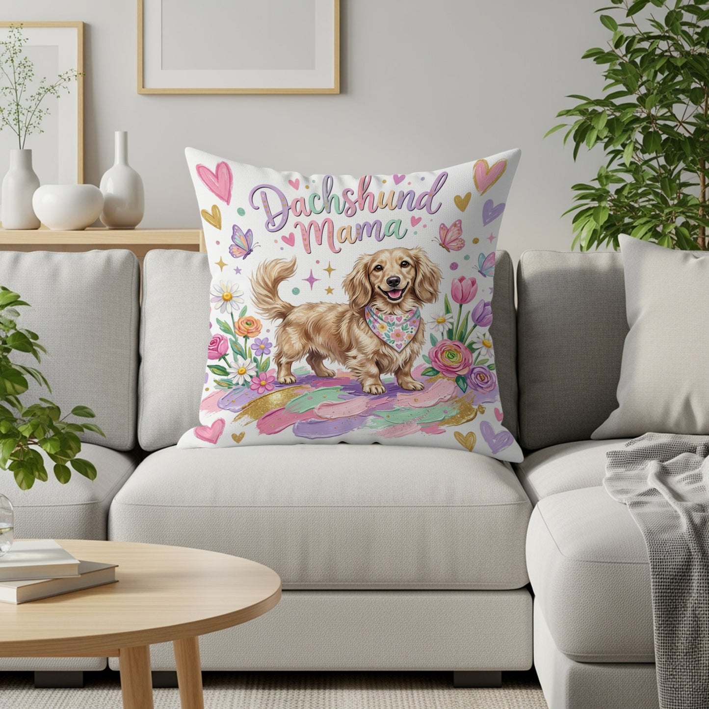 Dachshund Mama pillow with a dog, flowers, and hearts.