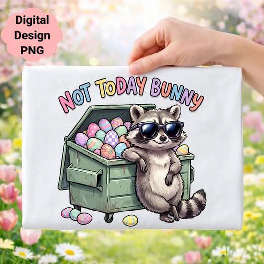 Raccoon wearing sunglasses leans against a dumpster full of colorful Easter eggs.