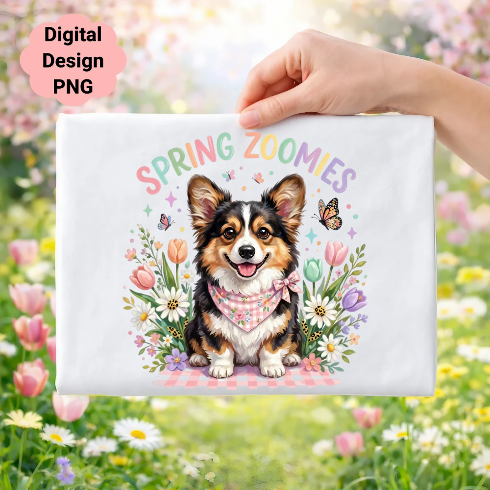 Corgi dog with flowers and butterflies, "Spring Zoomies" text.