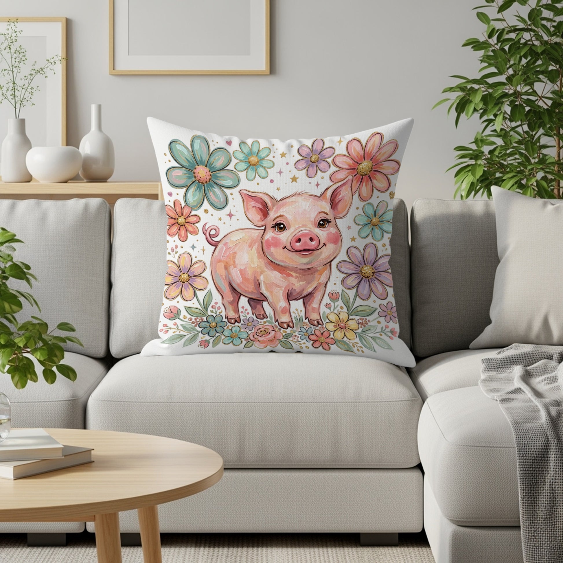 Cartoon pig surrounded by colorful flowers on a decorative throw pillow.