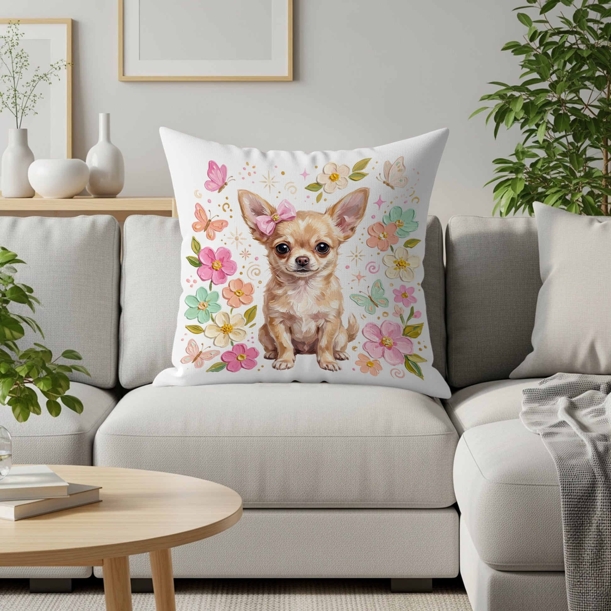 Chihuahua wearing a pink bow with butterflies and flowers.